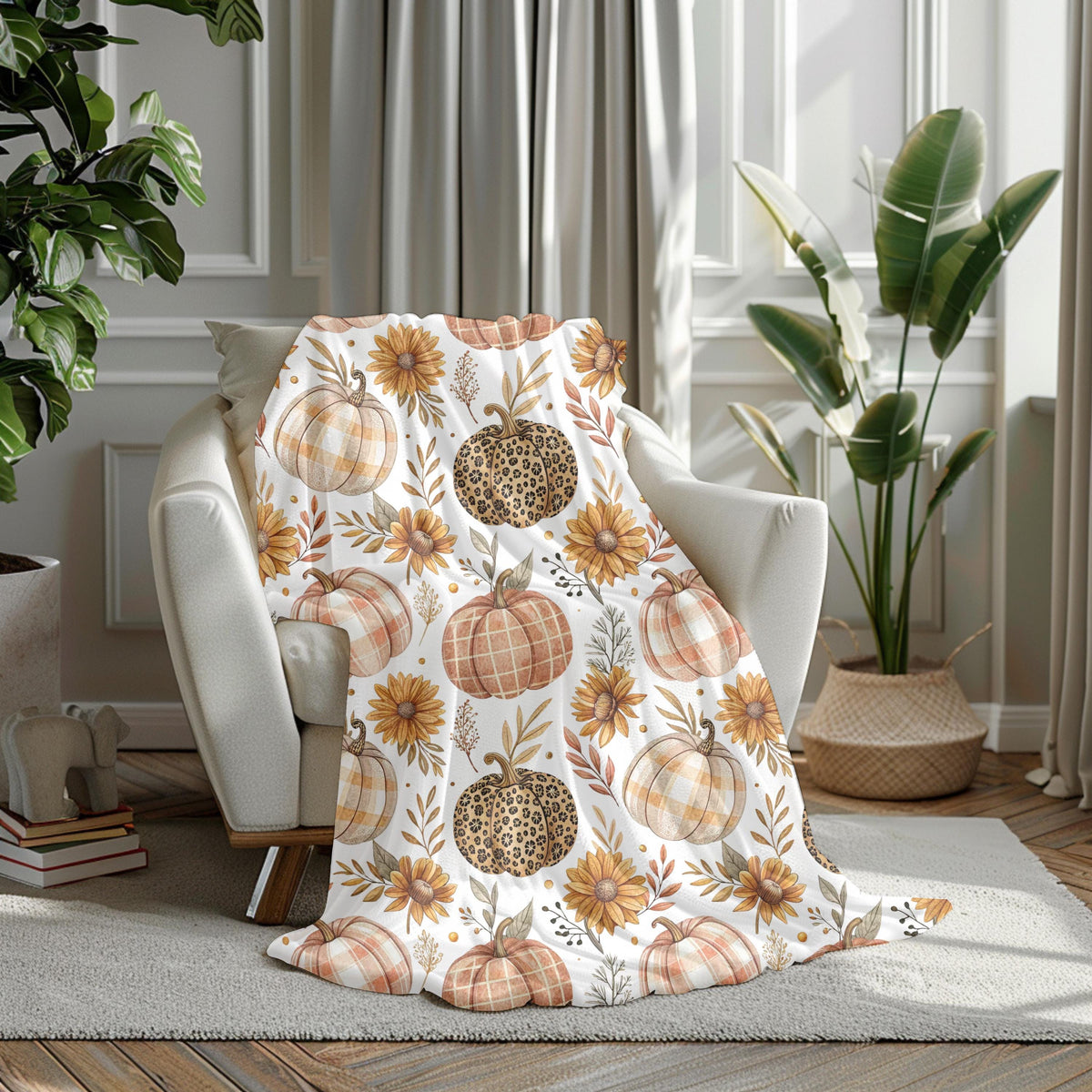 Autumn Velveteen Blanket: Pumpkin Floral Plush Throw, Fall Home Decor