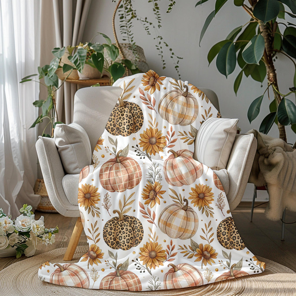 Autumn Velveteen Blanket: Pumpkin Floral Plush Throw, Fall Home Decor