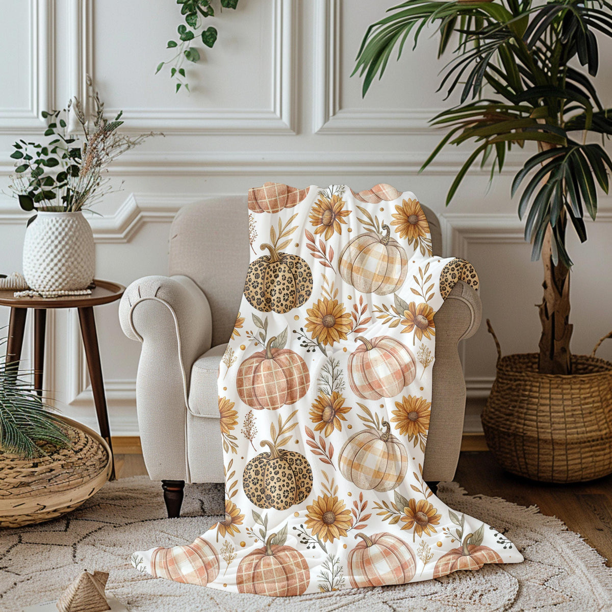Autumn Velveteen Blanket: Pumpkin Floral Plush Throw, Fall Home Decor