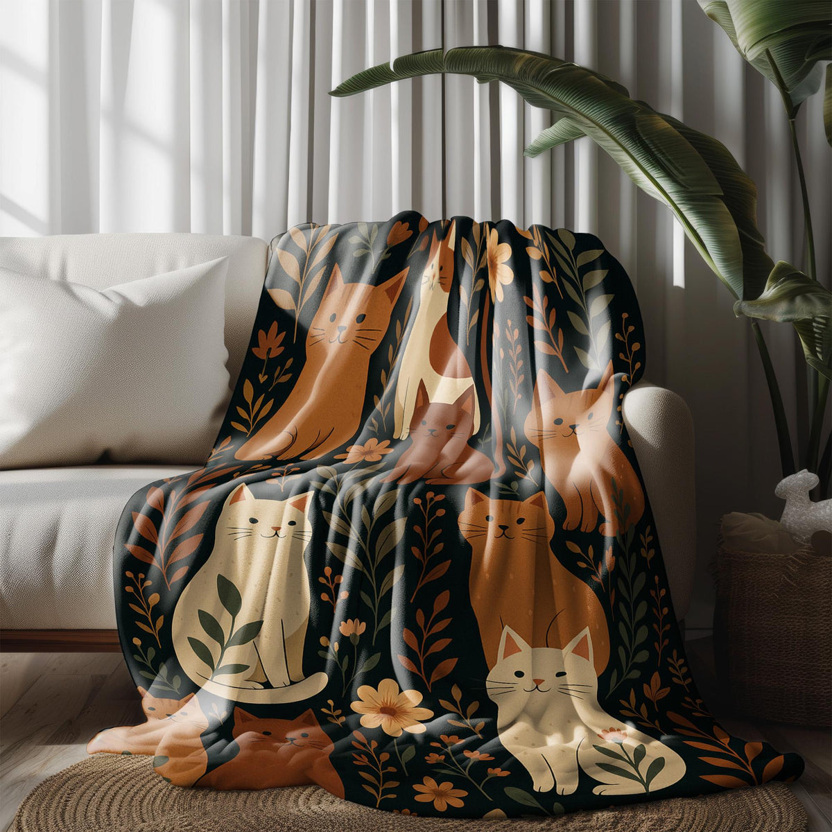 Folk Art Cat Blanket Fleece Flannel Throw – Earthy Floral Cat Decor – Cozy Soft Kitty Blanket – Cute Gift for Cat Lover – Fall Couch Throw