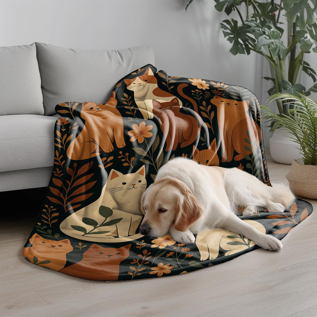 Folk Art Cat Blanket Fleece Flannel Throw – Earthy Floral Cat Decor – Cozy Soft Kitty Blanket – Cute Gift for Cat Lover – Fall Couch Throw