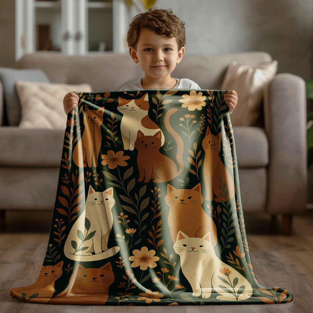 Folk Art Cat Blanket Fleece Flannel Throw – Earthy Floral Cat Decor – Cozy Soft Kitty Blanket – Cute Gift for Cat Lover – Fall Couch Throw