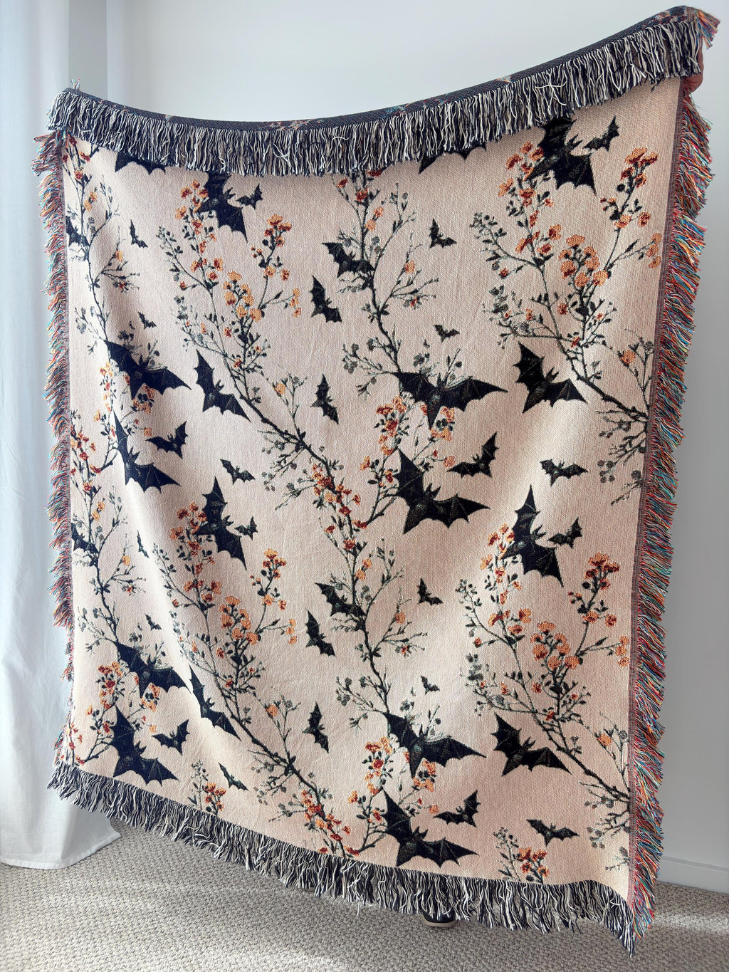 Neutral Halloween Blanket Bat Boho Halloween Decor Bat Woven Blanket Floral Halloween Throw Blanket Fall Home Decor