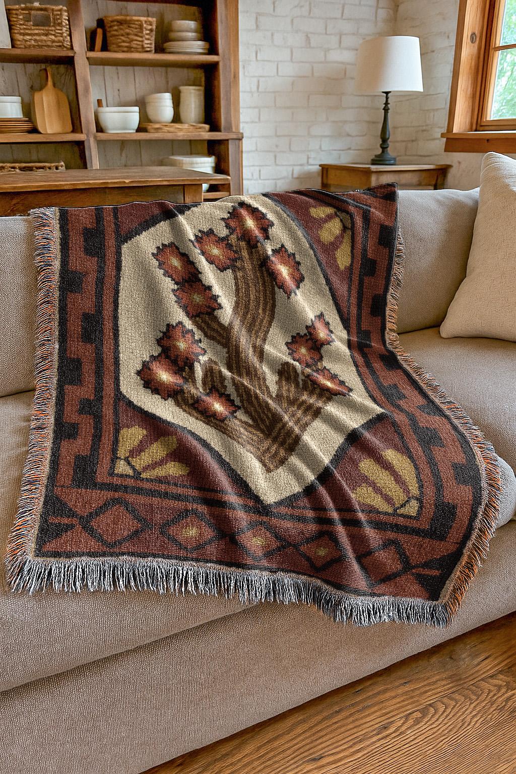 Blooming Cactus Tapestry | Native Southwestern Tapestry Throw Blanket | Rustic Boho Vintage Western Woven Blanket