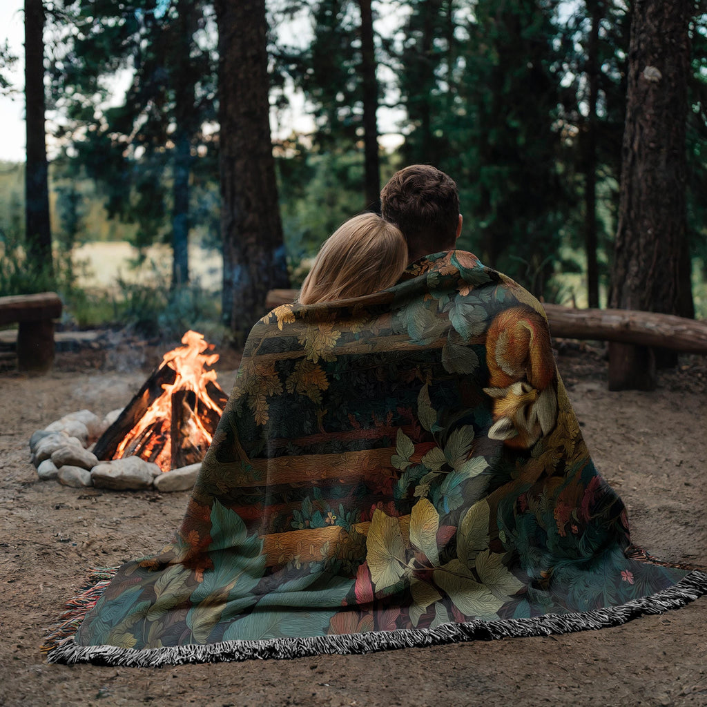 Sleeping Fox Woven Blanket – Autumn Forest in Teal & Copper, Cozy Fall Cabin Gift