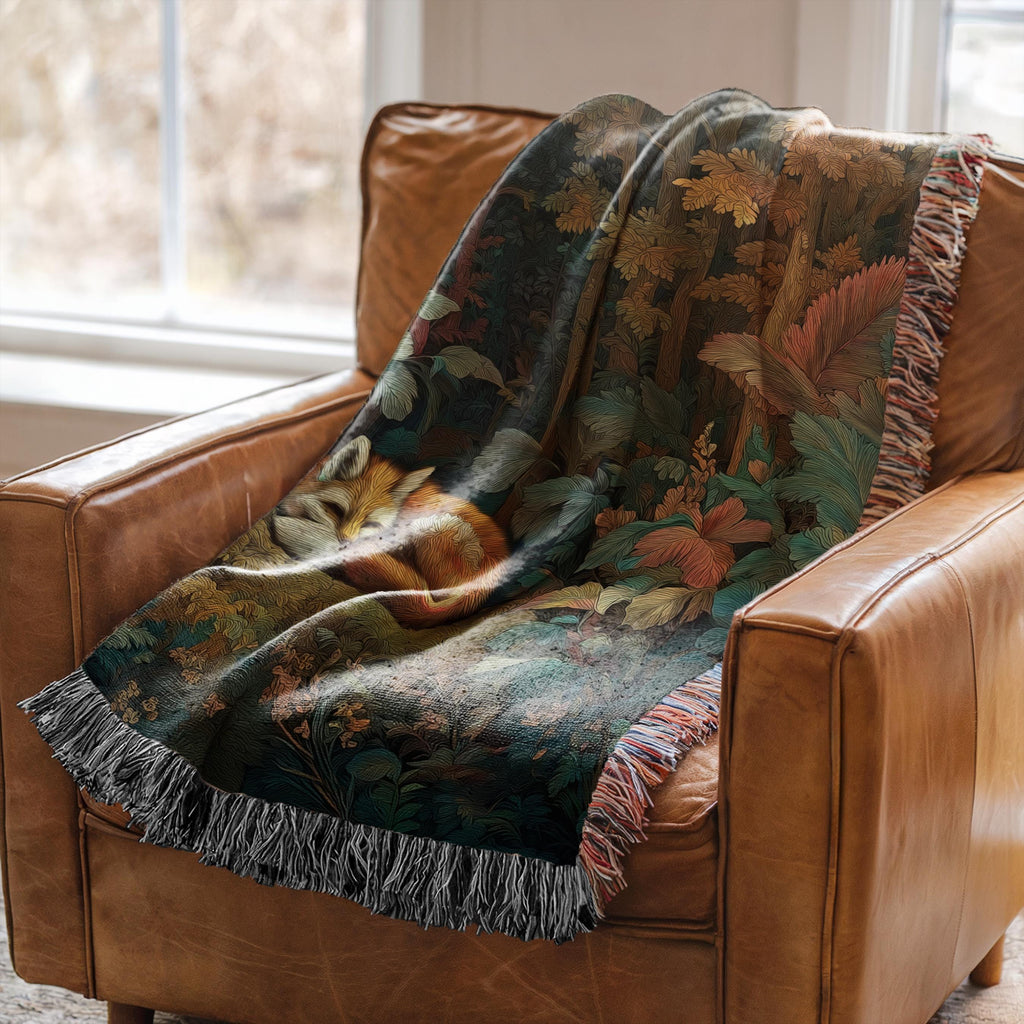 Sleeping Fox Woven Blanket – Autumn Forest in Teal & Copper, Cozy Fall Cabin Gift