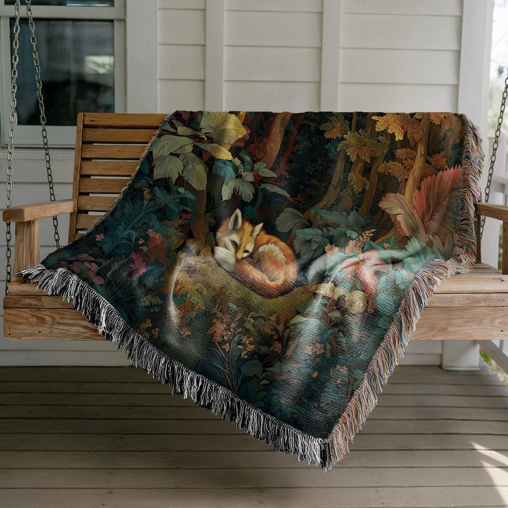 Sleeping Fox Woven Blanket – Autumn Forest in Teal & Copper, Cozy Fall Cabin Gift