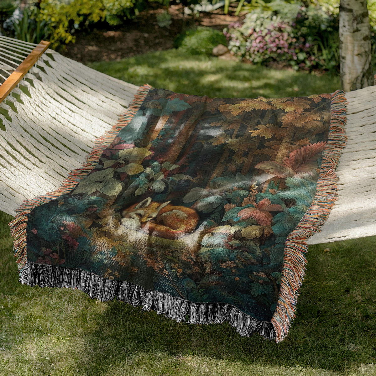 Sleeping Fox Woven Blanket – Autumn Forest in Teal & Copper, Cozy Fall Cabin Gift