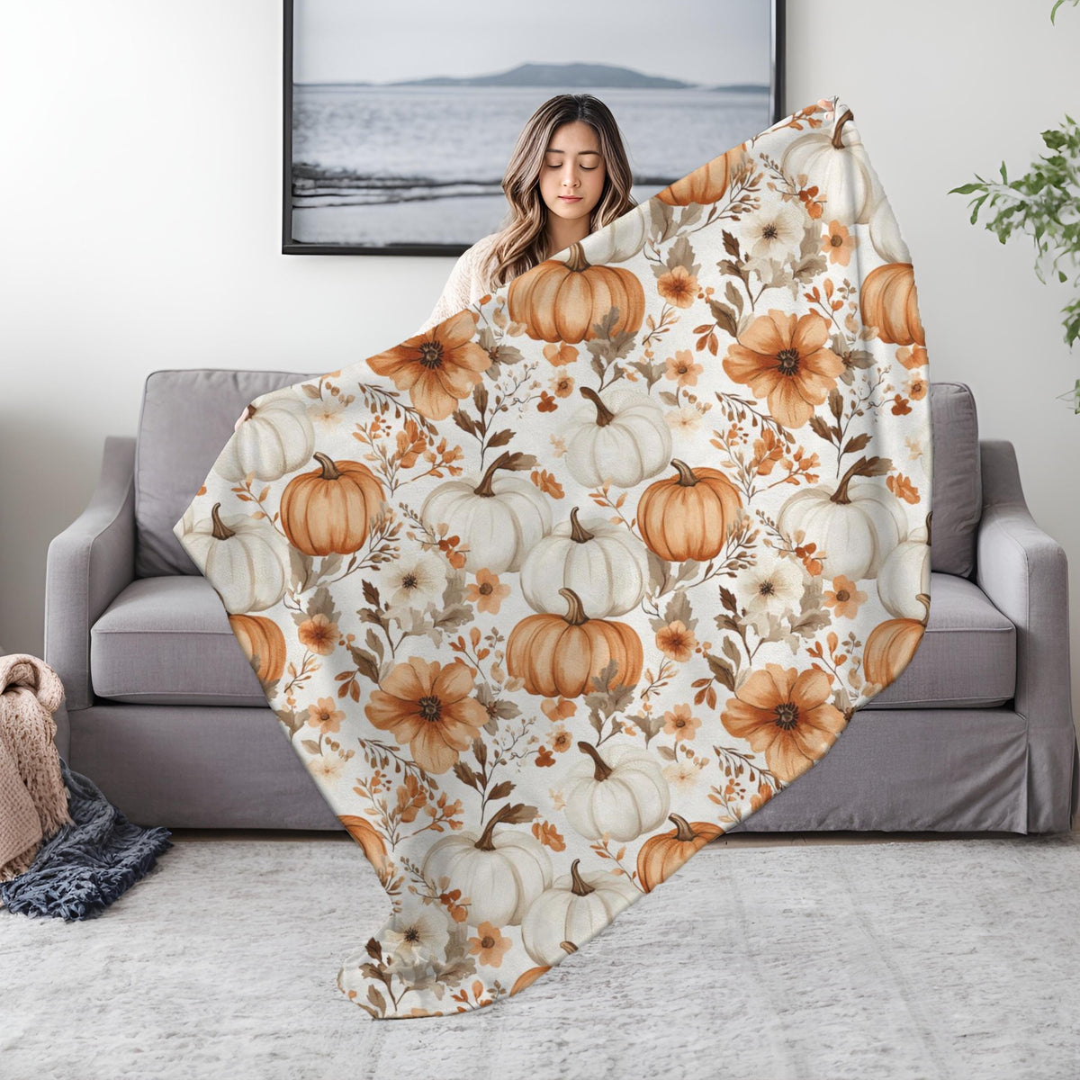 Whimsy Pumpkin Blanket Fall Throw, Cozy Autumn Floral Plush Blanket, Pumpkin Spice Home Decor, Cottagecore Pumpkin Cozy Season Throw Blanket
