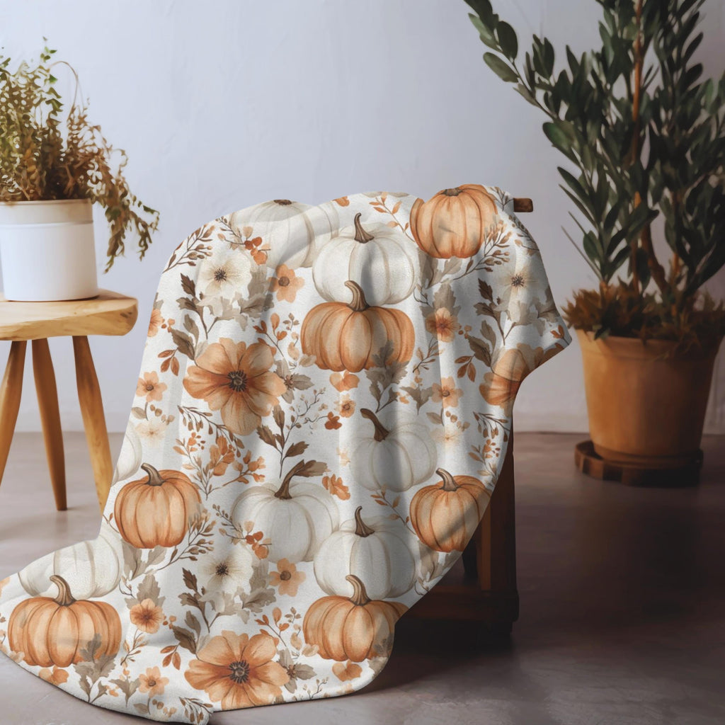 Whimsy Pumpkin Blanket Fall Throw, Cozy Autumn Floral Plush Blanket, Pumpkin Spice Home Decor, Cottagecore Pumpkin Cozy Season Throw Blanket