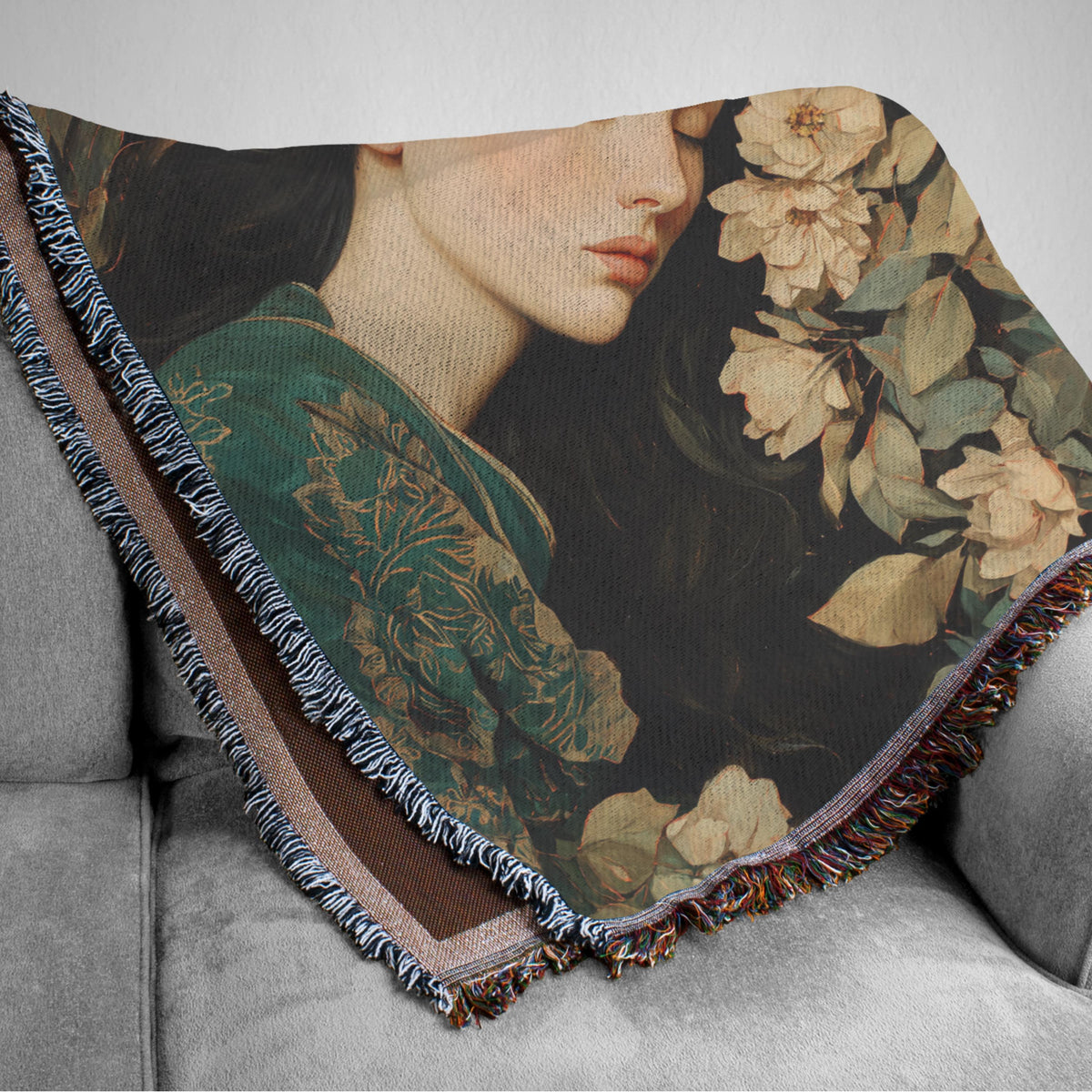 Art Nouveau Woven Blanket | Sleeping Woman Floral Tapestry