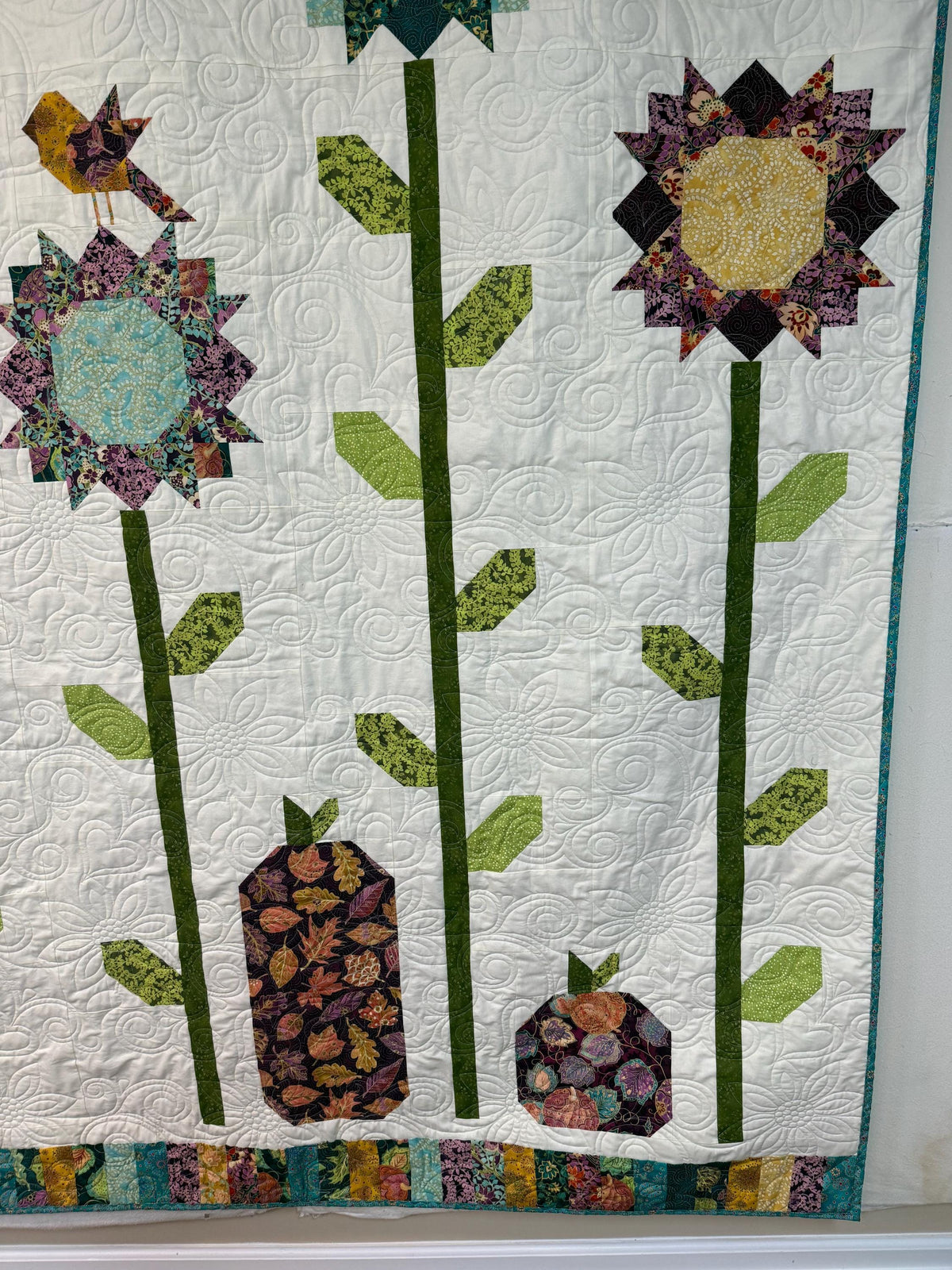 Fall Sunflower Fields Handmade Quilt Bedding Throw Blanket Pumpkins Birds