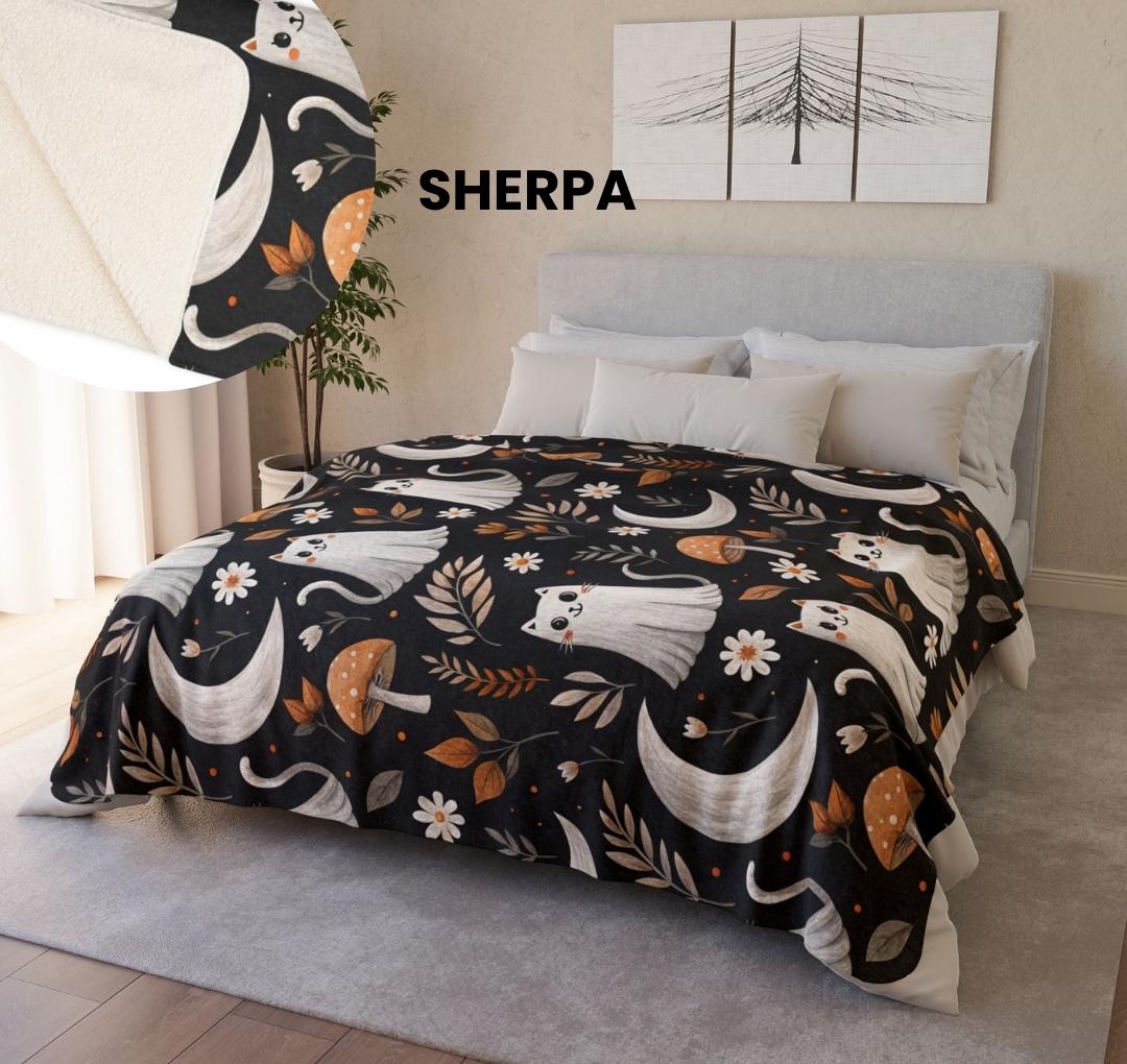 Ghost Cat Halloween Blanket | Sherpa & Velveteen Throw | Spooky Fall Decor | Cottagecore Autumn