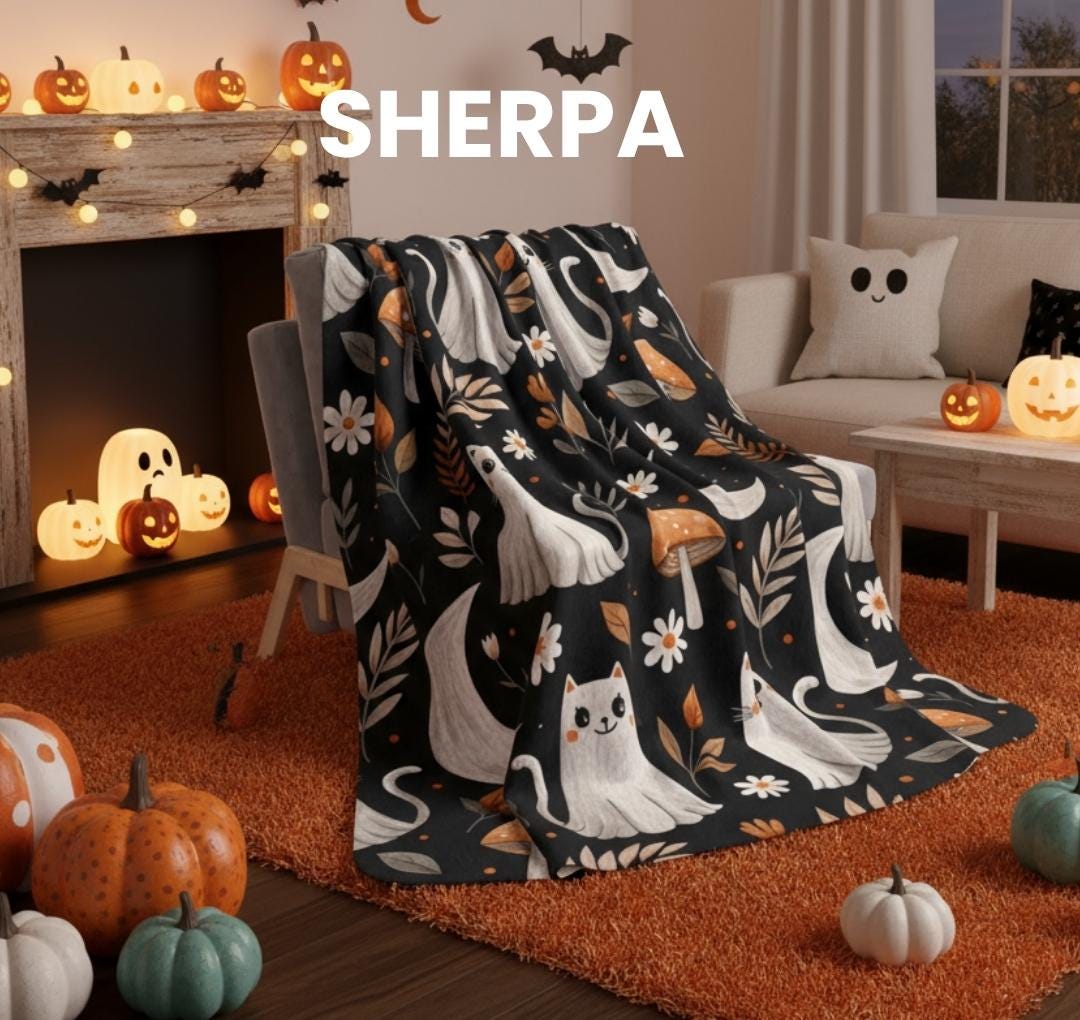 Ghost Cat Halloween Blanket | Sherpa & Velveteen Throw | Spooky Fall Decor | Cottagecore Autumn