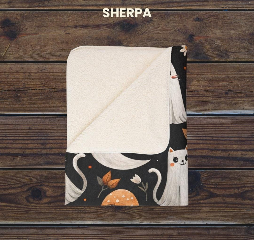 Ghost Cat Halloween Blanket | Sherpa & Velveteen Throw | Spooky Fall Decor | Cottagecore Autumn