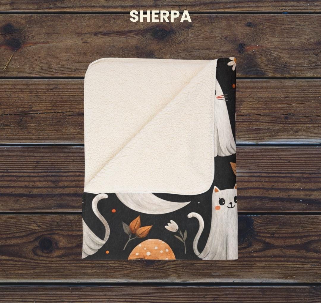 Ghost Cat Halloween Blanket | Sherpa & Velveteen Throw | Spooky Fall Decor | Cottagecore Autumn