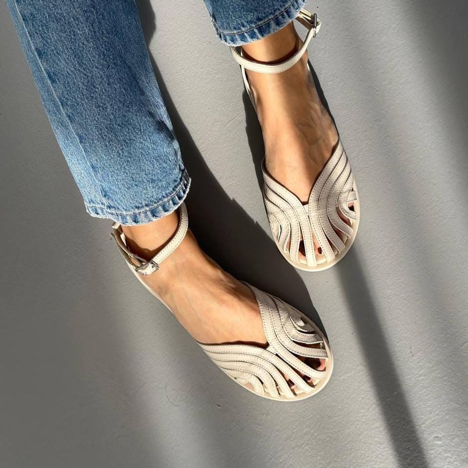 Delicate Milk Leather Sandals with Ankle Strap, Round Toe Flats, Flat Sole Shoes, Soft Comfortable Shoes, Wedding Bridal Sandals