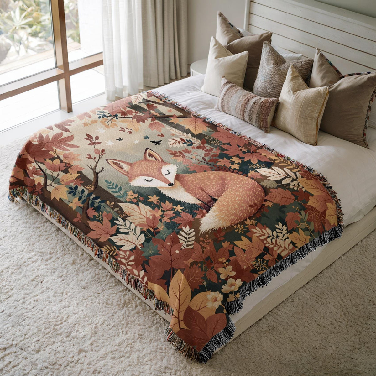 Autumn Fox Woven Cotton Throw Blanket, Woodland Leaves Decor