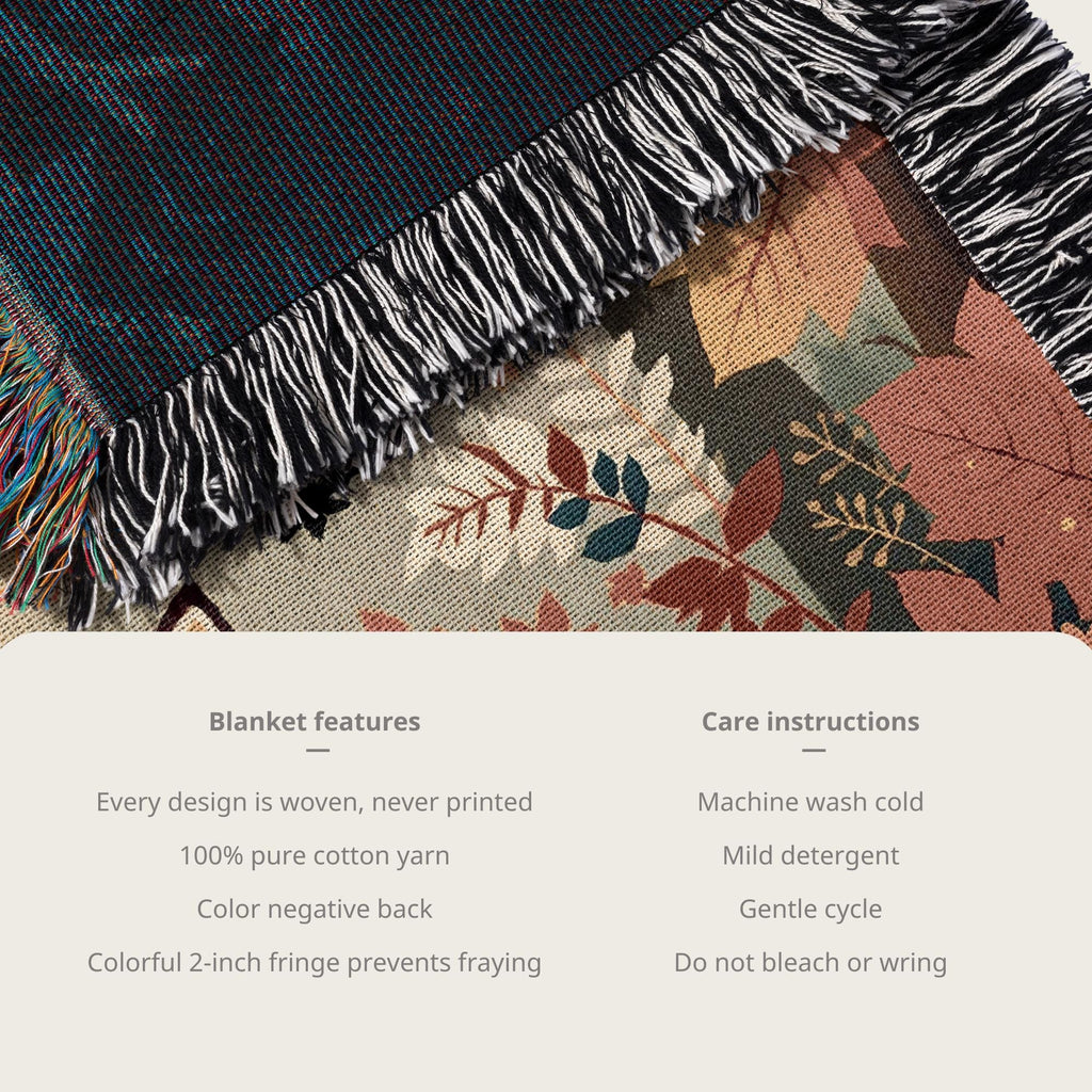 Autumn Fox Woven Cotton Throw Blanket, Woodland Leaves Decor