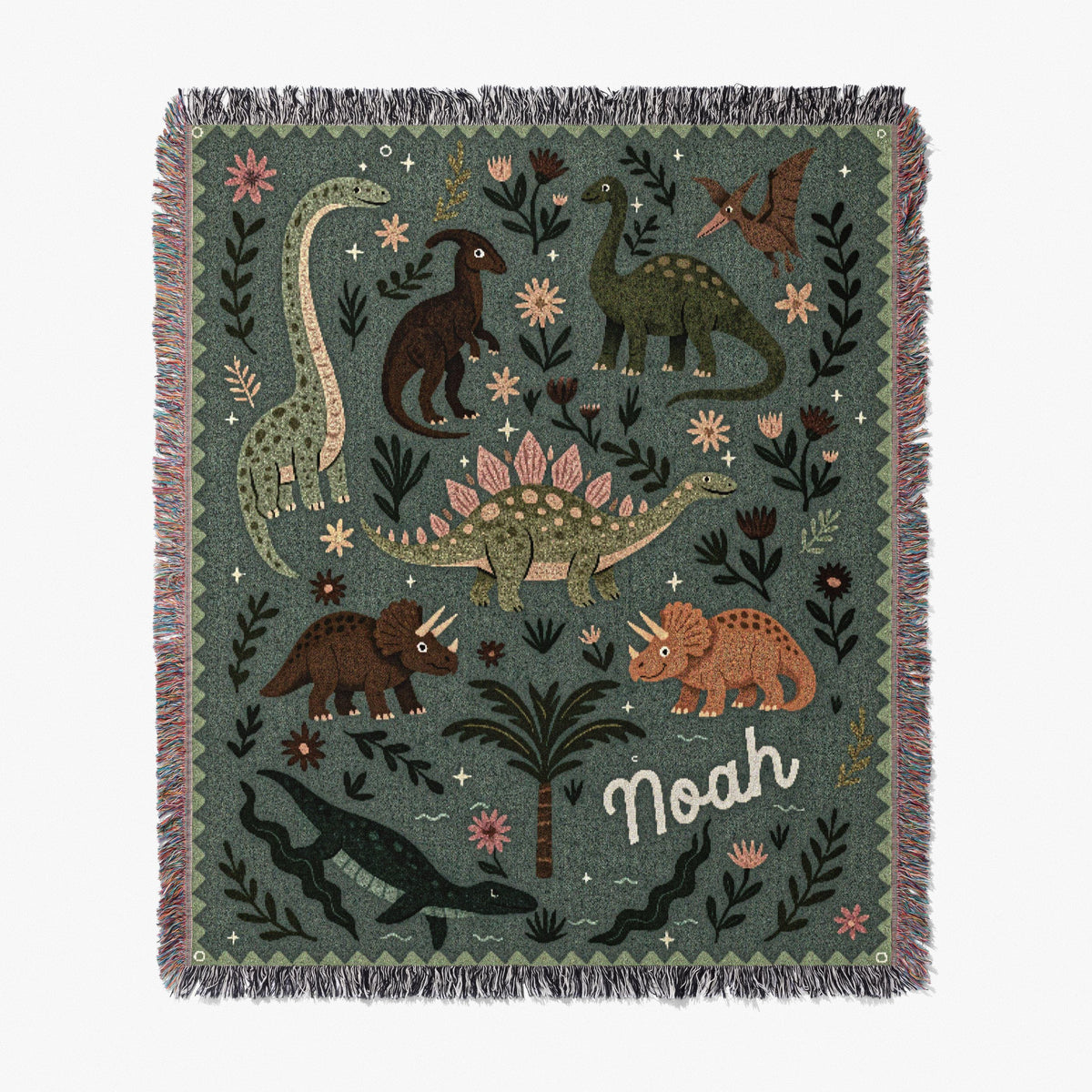 Personalized Dinosaur Blanket - Cute Triceratops Stegosaurus with Name - 100% cotton throw for dino themed room