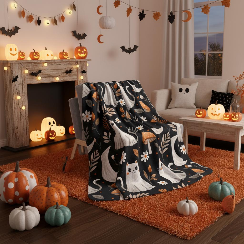 Ghost Cat Halloween Blanket | Sherpa & Velveteen Throw | Spooky Fall Decor | Cottagecore Autumn