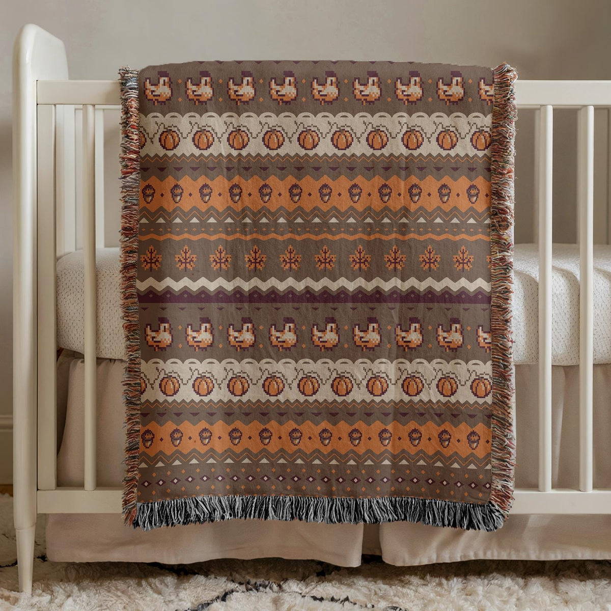 Stardew Fall Pixel Chickens Woven Throw Blanket | Pixel Pumpkins Home Decor | Autumn Fall Decoration | Tapestry Style | Housewarming Gift