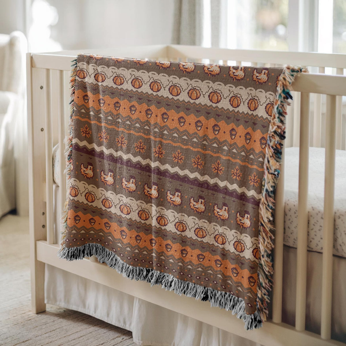 Stardew Fall Pixel Chickens Woven Throw Blanket | Pixel Pumpkins Home Decor | Autumn Fall Decoration | Tapestry Style | Housewarming Gift