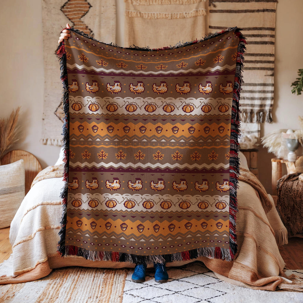 Stardew Fall Pixel Chickens Woven Throw Blanket | Pixel Pumpkins Home Decor | Autumn Fall Decoration | Tapestry Style | Housewarming Gift