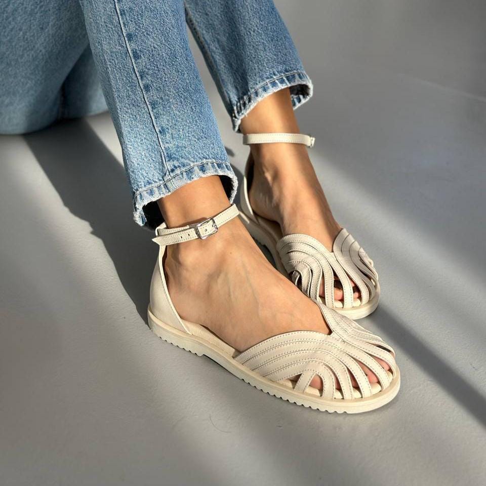Delicate Milk Leather Sandals with Ankle Strap, Round Toe Flats, Flat Sole Shoes, Soft Comfortable Shoes, Wedding Bridal Sandals