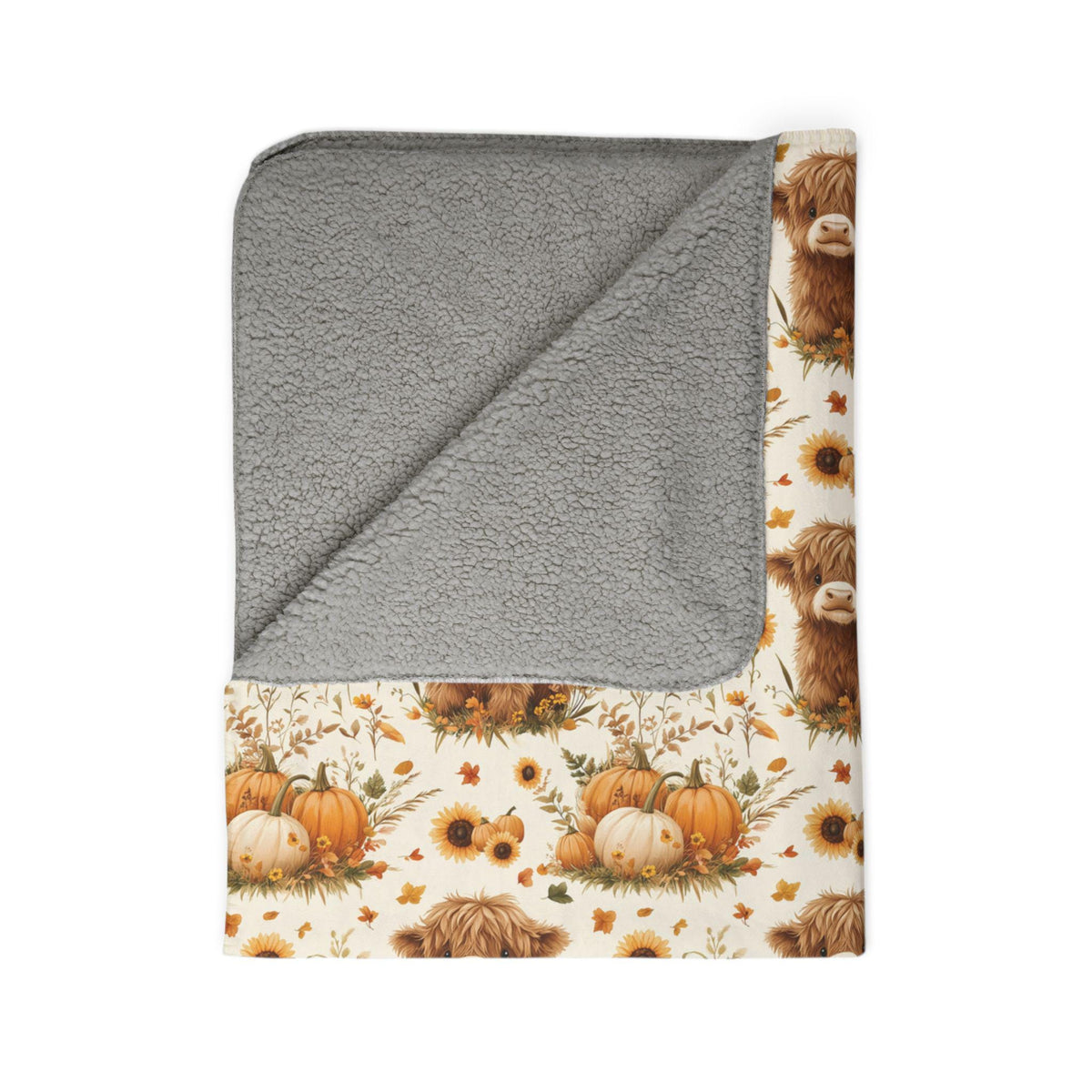 Highland Cow Fall Throw Blanket, Rustic Farm Pumpkin Velveteen or Sherpa Fleece Blanket, Cozy Autumn Couch Blanket for Farmhouse Décor