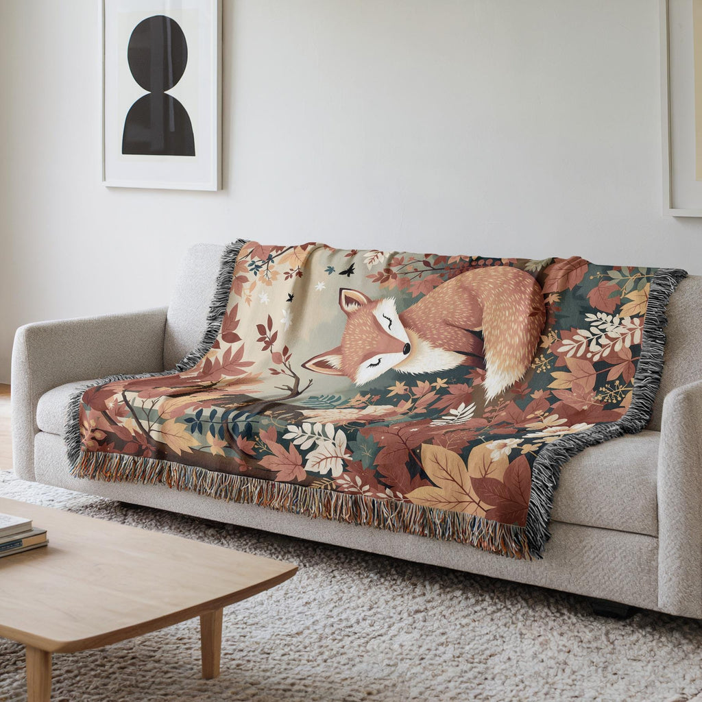 Autumn Fox Woven Cotton Throw Blanket, Woodland Leaves Decor