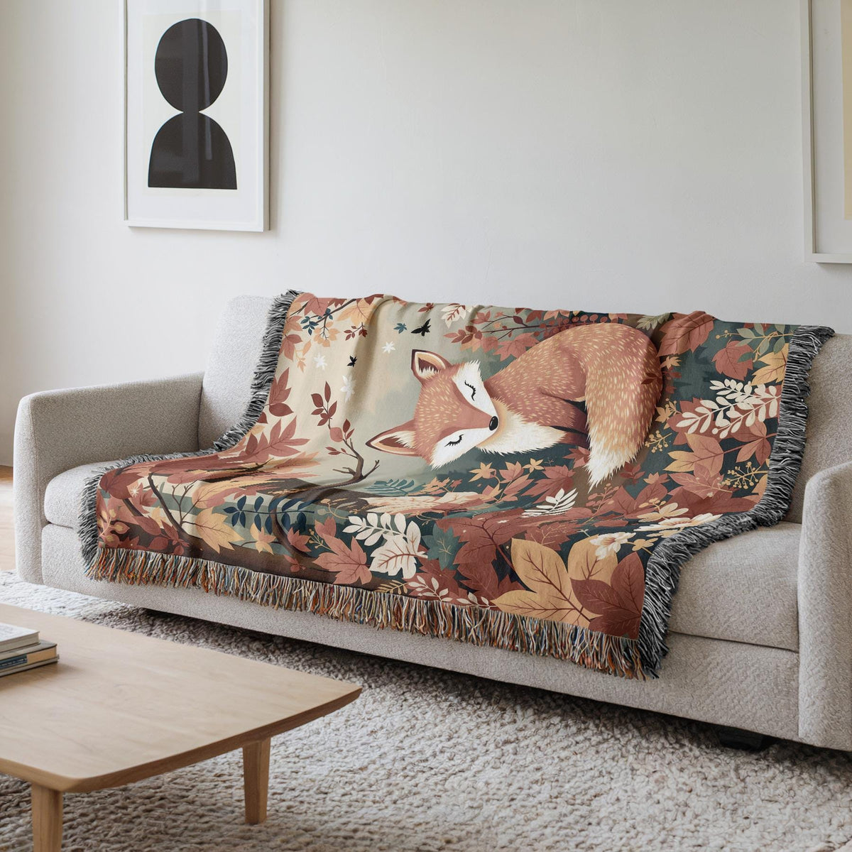Autumn Fox Woven Cotton Throw Blanket, Woodland Leaves Decor
