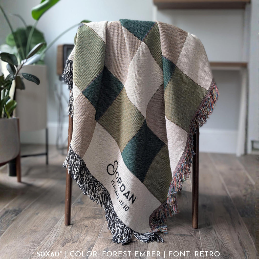 Personalized Woven Throw | Modern Checkered Blanket, Name Gift for Him, Christmas Gift for Kids, Birthday Present for Teenage Son