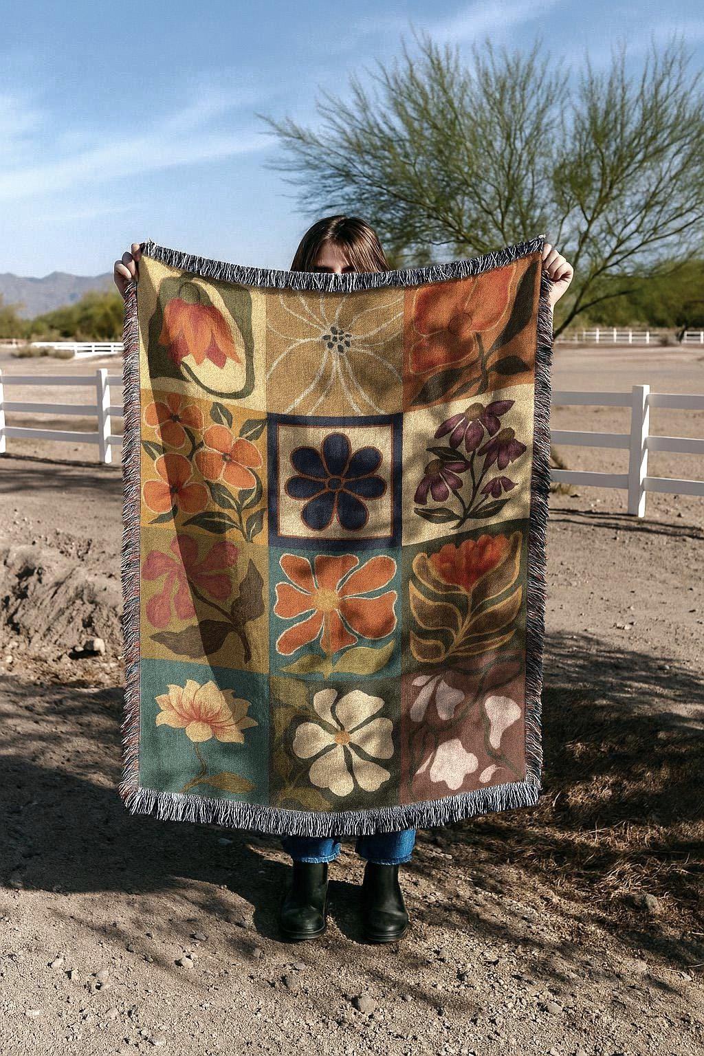 Retro Floral Woven Blanket | Rustic Preppy Mid Century Modern Tapestry | Organic Cotton Throw Blanket