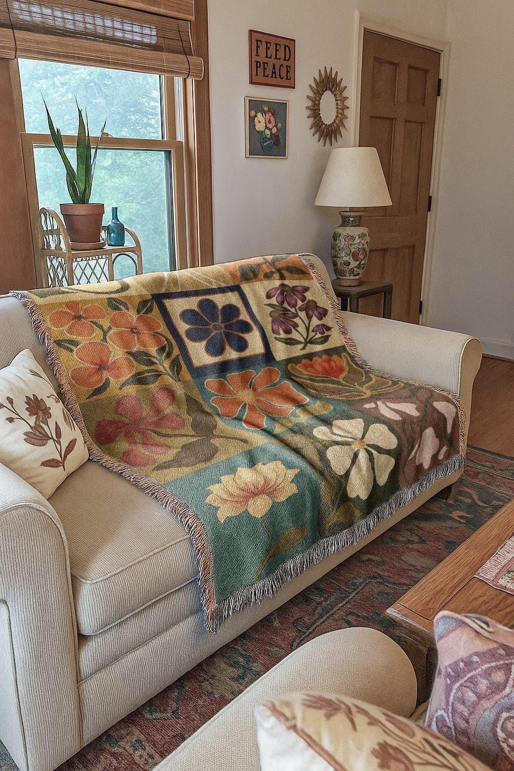 Retro Floral Woven Blanket | Rustic Preppy Mid Century Modern Tapestry | Organic Cotton Throw Blanket