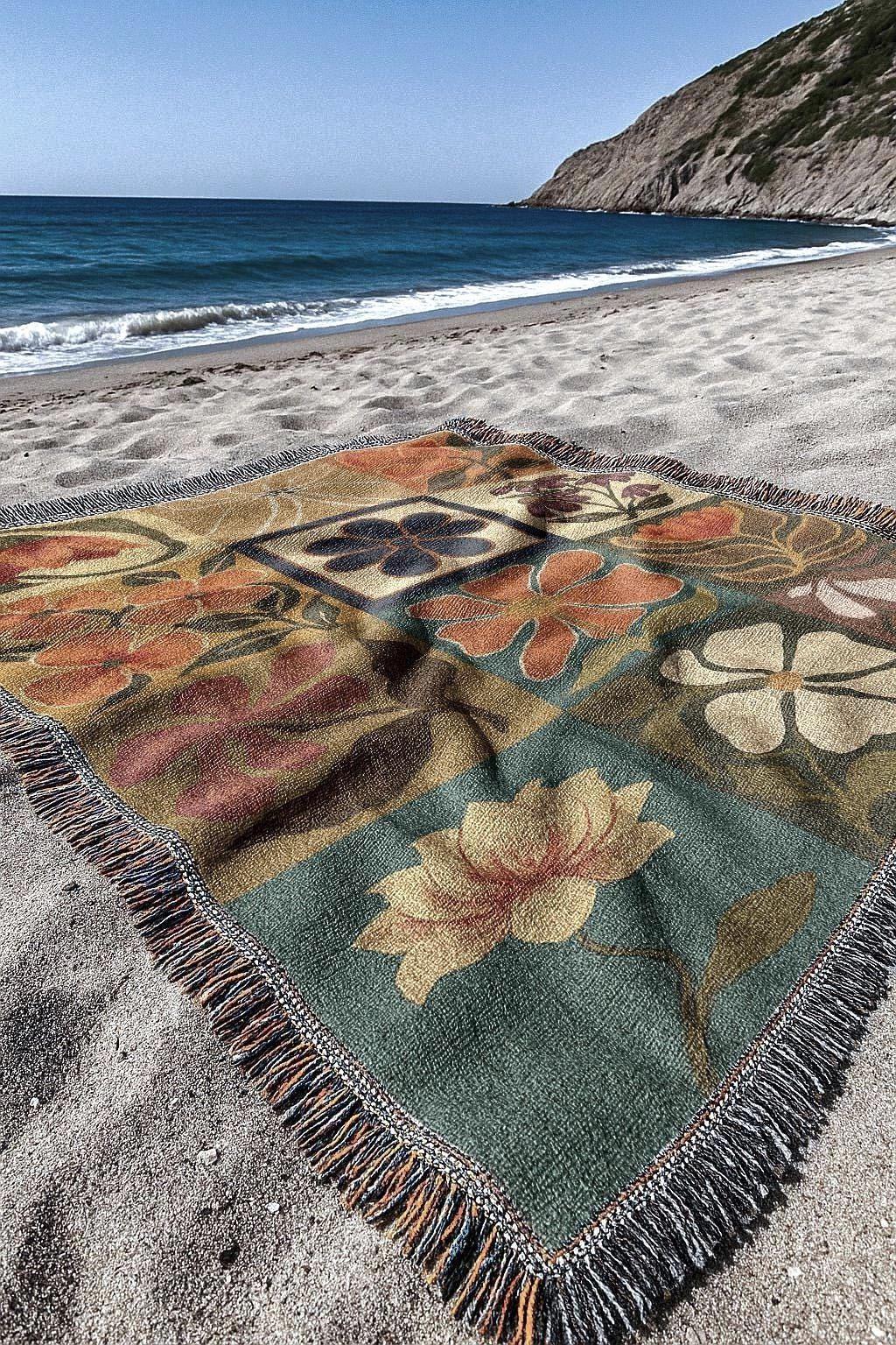 Retro Floral Woven Blanket | Rustic Preppy Mid Century Modern Tapestry | Organic Cotton Throw Blanket