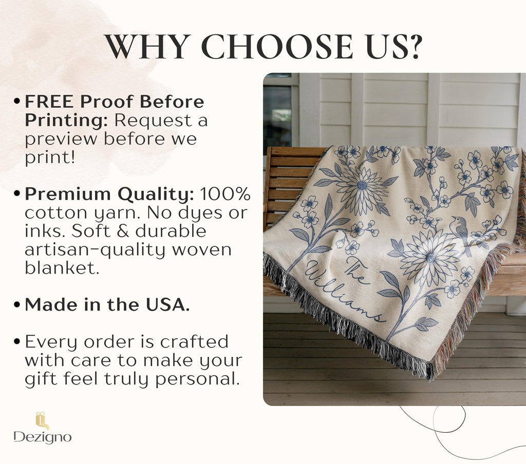 Personalized Woven Throw Blanket, Cotton Anniversary Gift For Couple, Custom Wedding Family Name Blanket, Engagement Or Bridal Shower