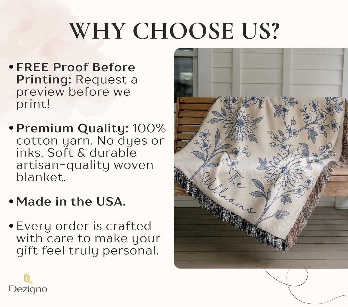 Personalized Woven Throw Blanket, Cotton Anniversary Gift For Couple, Custom Wedding Family Name Blanket, Engagement Or Bridal Shower