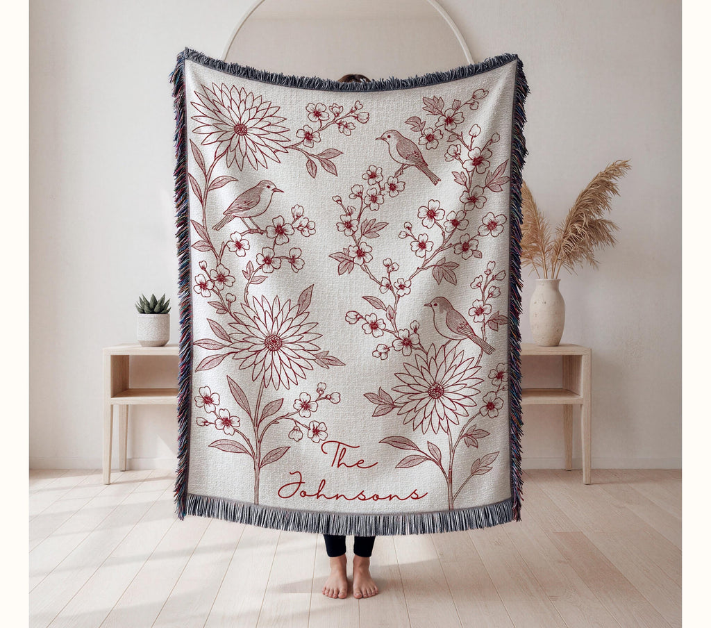 Personalized Woven Throw Blanket, Cotton Anniversary Gift For Couple, Custom Wedding Family Name Blanket, Engagement Or Bridal Shower