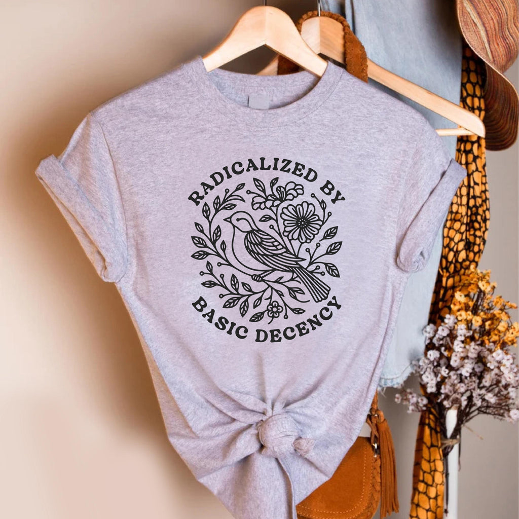 Radicalized By Basic Decency Shirt, Floral Peace Dove Graphic Tee, Pink Unisex T-Shirt, Feminist Social Justice Top, Kindness Activist Gift