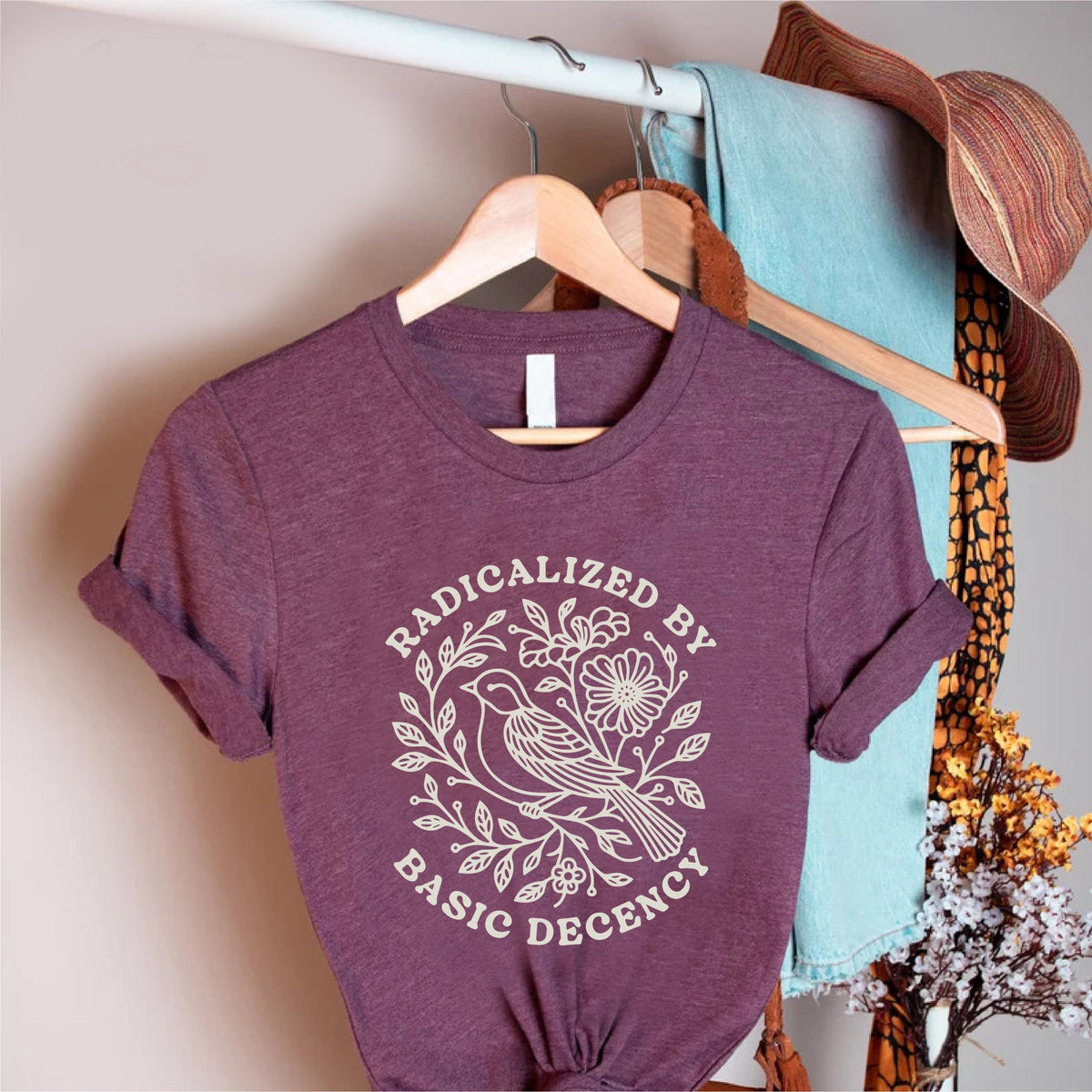 Radicalized By Basic Decency Shirt, Floral Peace Dove Graphic Tee, Pink Unisex T-Shirt, Feminist Social Justice Top, Kindness Activist Gift