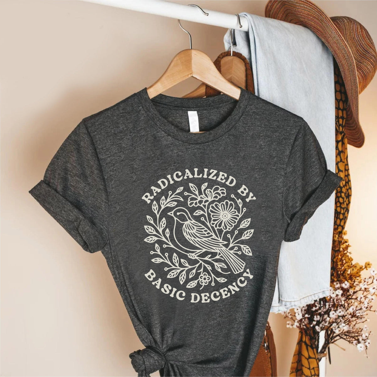 Radicalized By Basic Decency Shirt, Floral Peace Dove Graphic Tee, Pink Unisex T-Shirt, Feminist Social Justice Top, Kindness Activist Gift