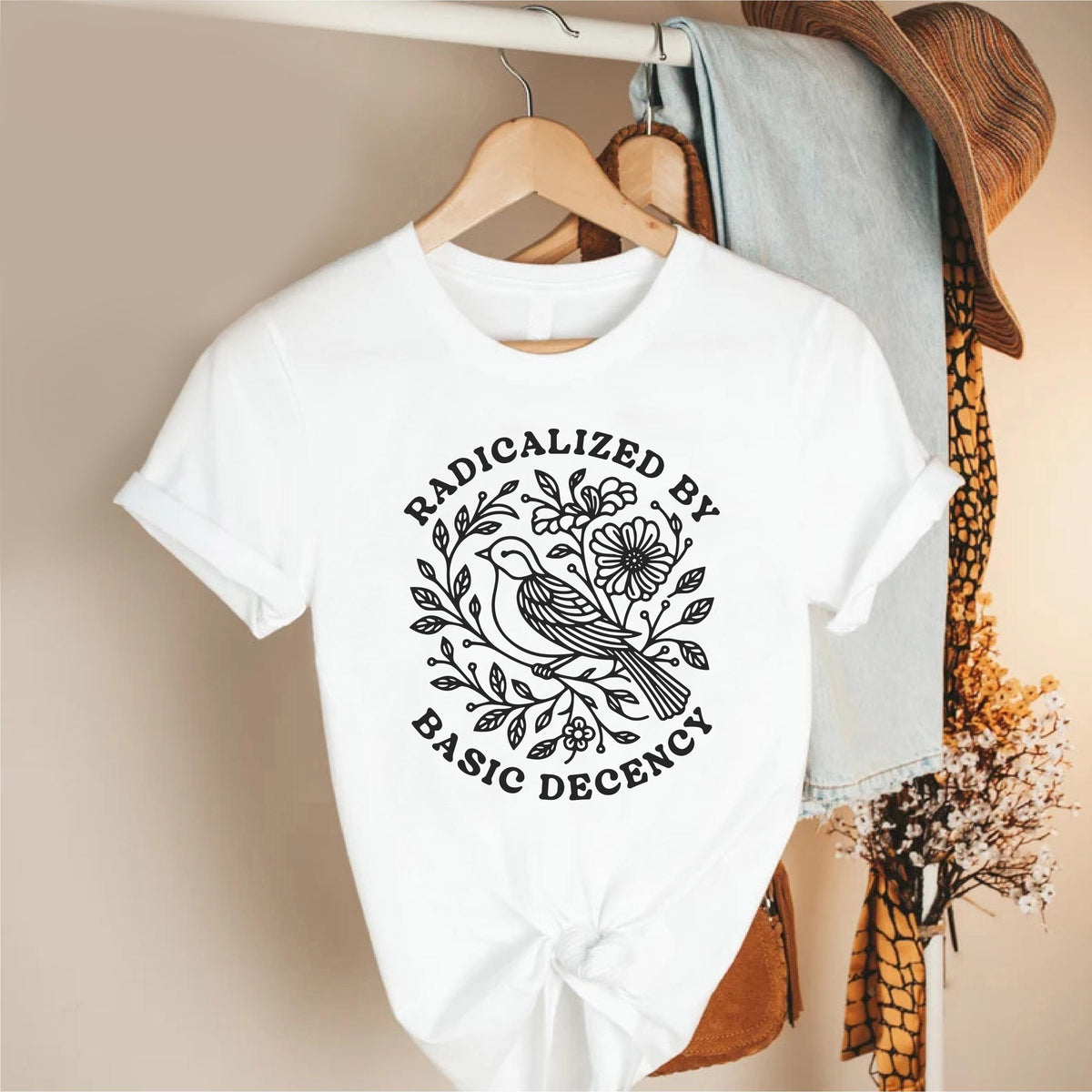 Radicalized By Basic Decency Shirt, Floral Peace Dove Graphic Tee, Pink Unisex T-Shirt, Feminist Social Justice Top, Kindness Activist Gift
