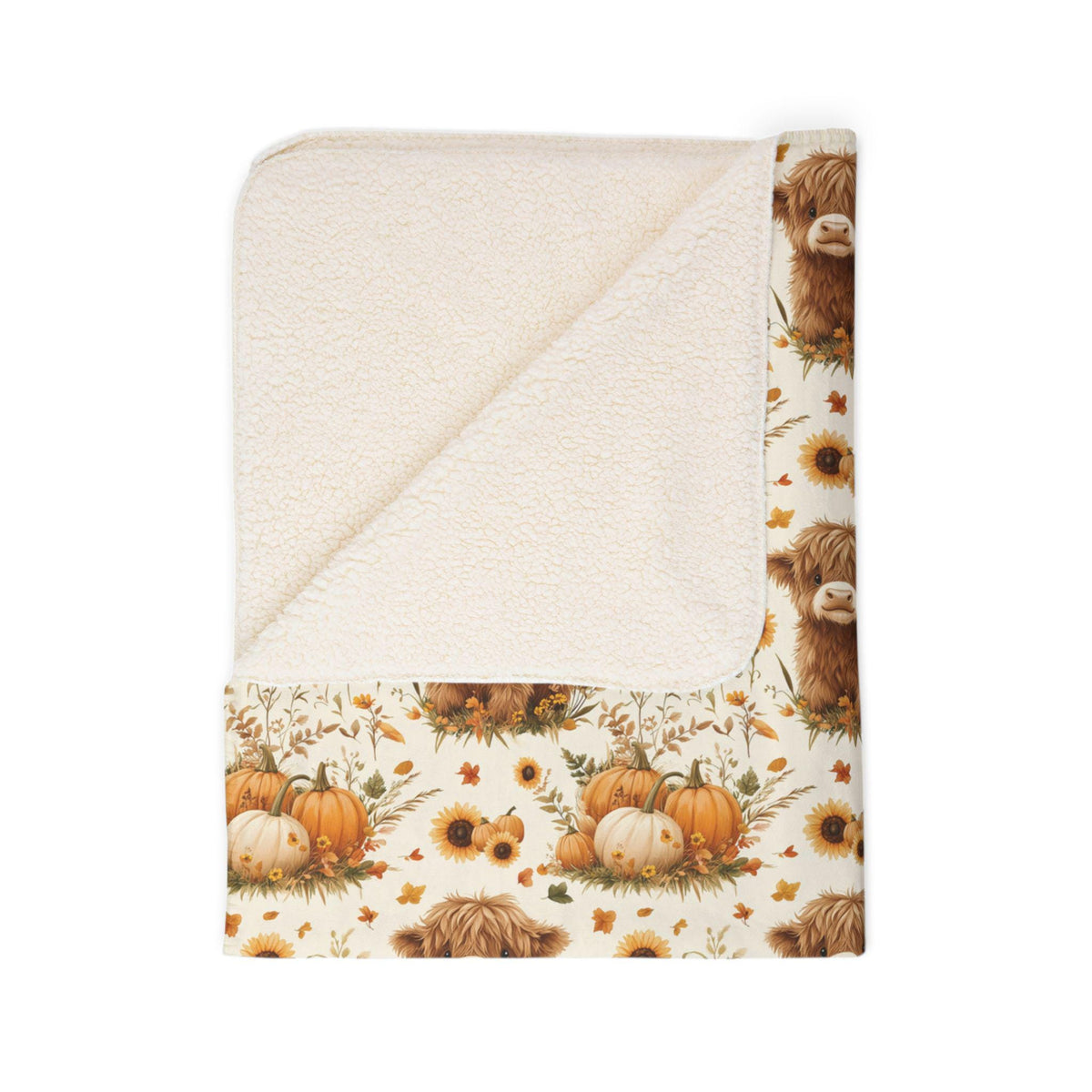 Highland Cow Fall Throw Blanket, Rustic Farm Pumpkin Velveteen or Sherpa Fleece Blanket, Cozy Autumn Couch Blanket for Farmhouse Décor