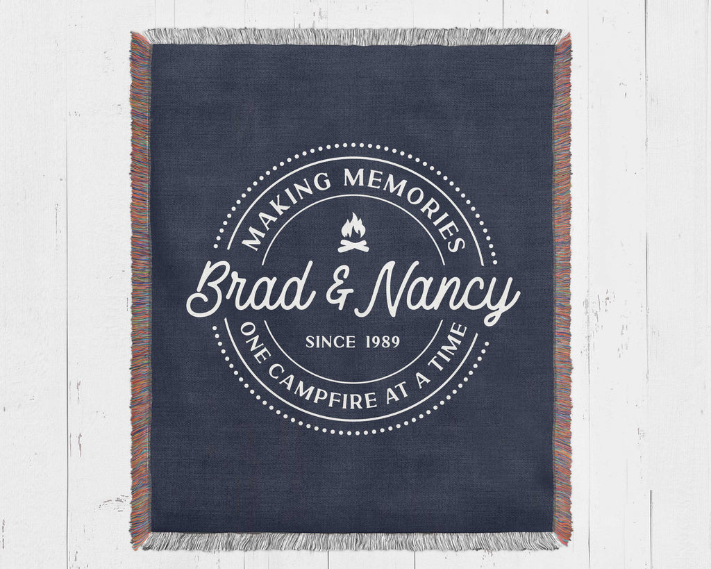 Custom Camping Woven Blanket: Personalized Family RV Camper Throw, RV Travel Trailer Decor, Gift for Outdoorsy Adventures Couple
