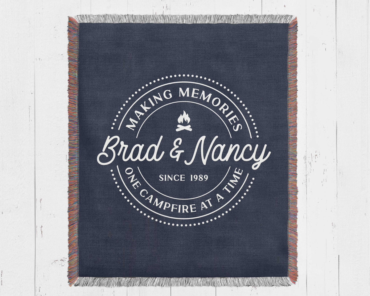 Custom Camping Woven Blanket: Personalized Family RV Camper Throw, RV Travel Trailer Decor, Gift for Outdoorsy Adventures Couple