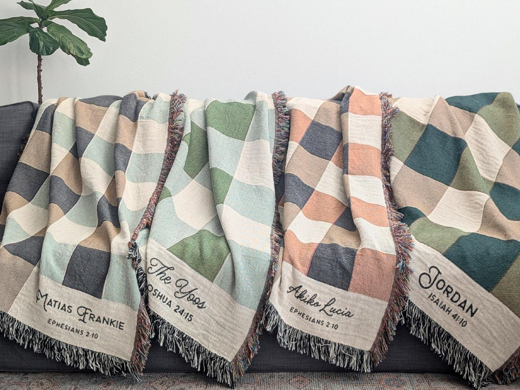 Personalized Woven Throw | Modern Checkered Blanket, Name Gift for Him, Christmas Gift for Kids, Birthday Present for Teenage Son