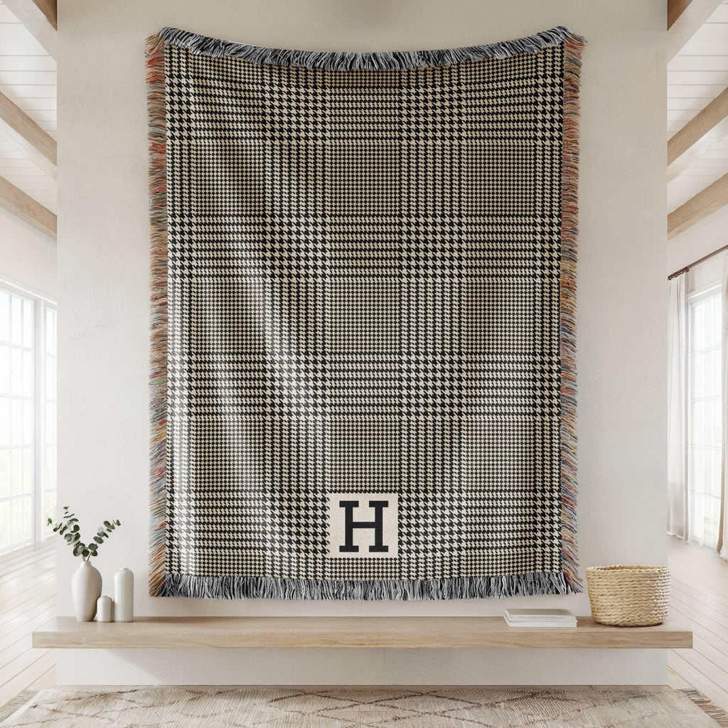 Personalized Woven Cotton Throw Blanket, Glen Plaid Monogram Blanket, Custom Name Gift for Wedding, Anniversary, Housewarming, Family Gift