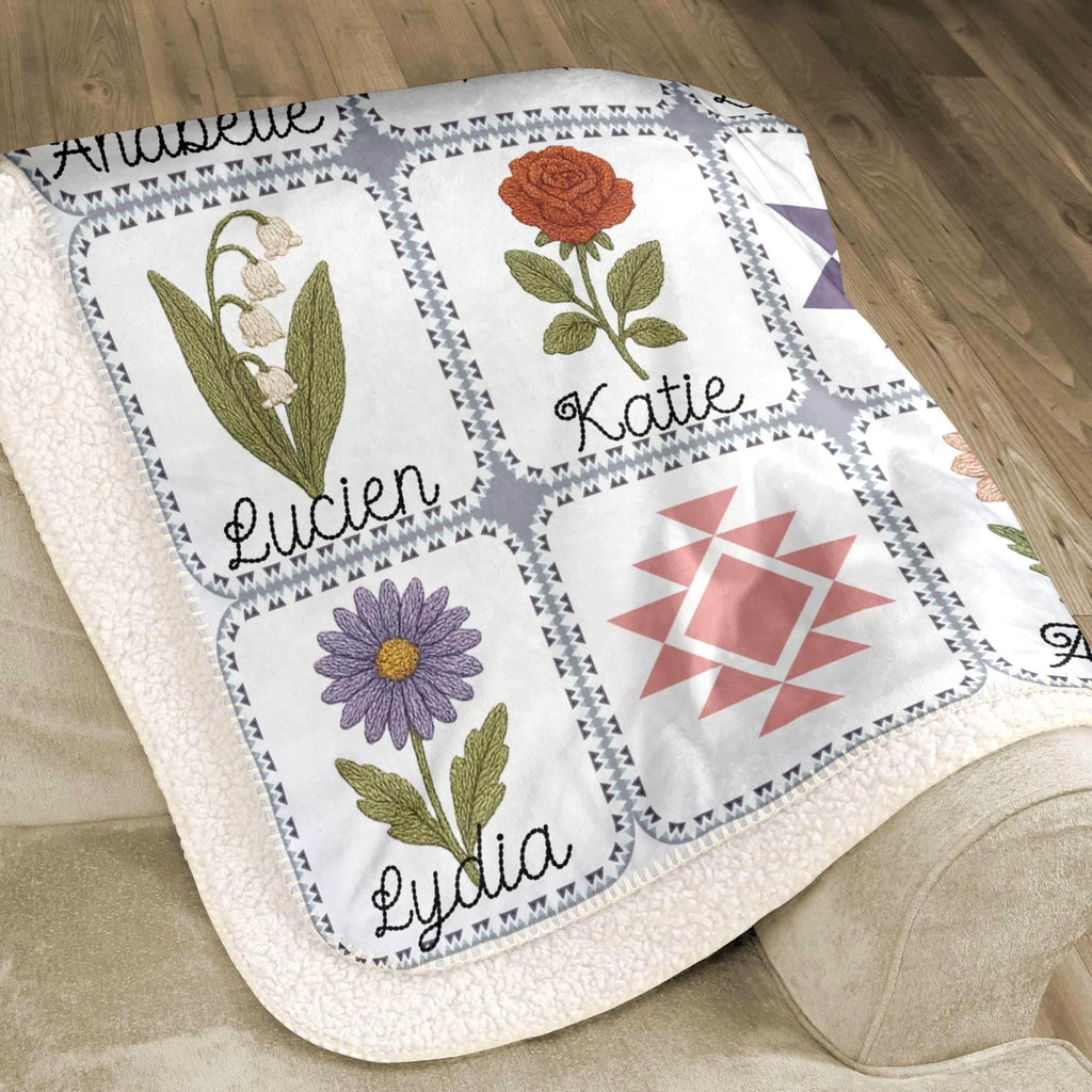 Custom Birth Flower Patchwork Blanket: Family Christmas Gift Blanket Personalized Grandma's Garden Woven Throw