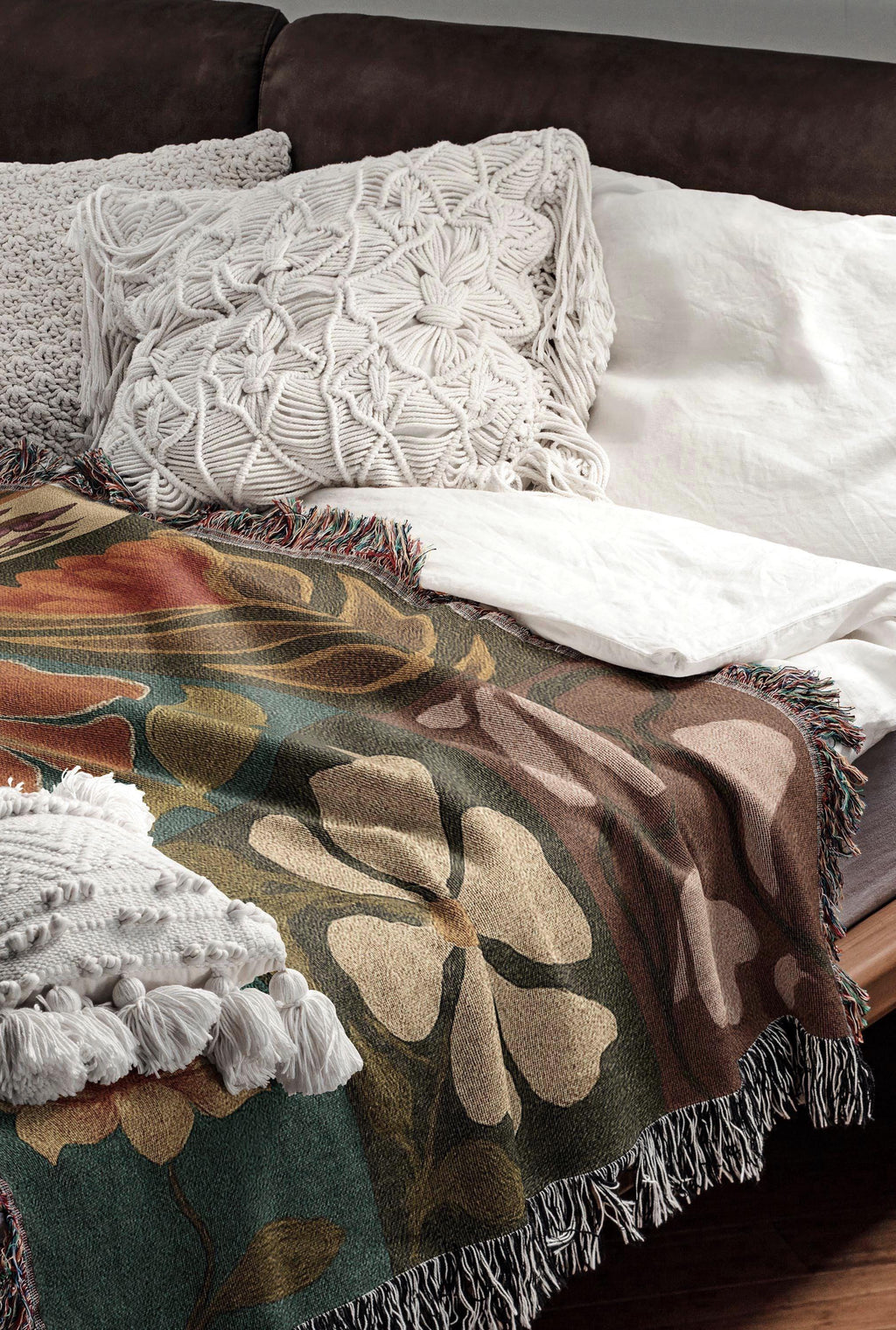 Retro Floral Woven Blanket | Rustic Preppy Mid Century Modern Tapestry | Organic Cotton Throw Blanket
